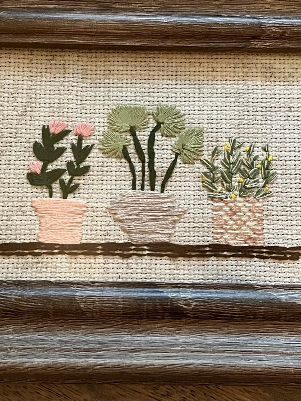 Rustic Brown Framed Embroidered Plant Art - Brown